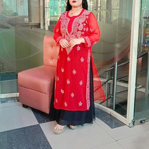 Red Mirror Work Chikankari Kurti