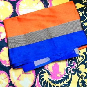 Orange and Blue Colour With Golden Strip Saree