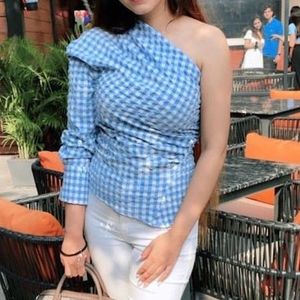 Zara Blue And White Checked One Shoulder Top- S