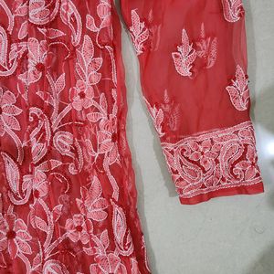 Beautiful Chikan Anarkali Rust Red Kurta