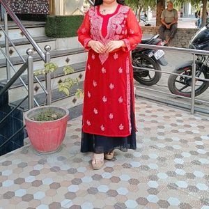 Red Mirror Work Chikankari Kurti