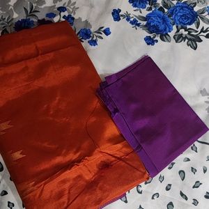 Reddish Orange With Purple Silk Saree