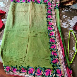 Parrot Green And Red Shaded Saree