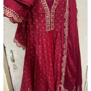 Maroon Anarkali Suit With Dupatta Pant