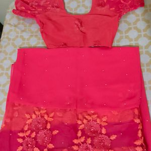 Rose Pink Saree With Stitched Blouse