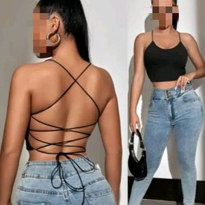 Black Crop Top Backless With Criss Cross Pattern