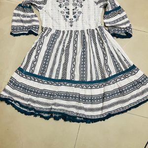 White Blue Printed Anarkali Short Kurti