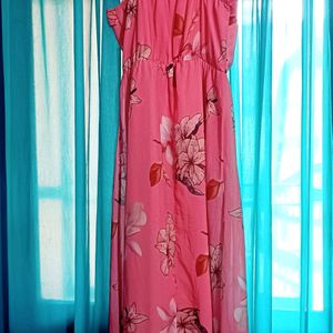 Peach Coloured And Beige Floral Printed Maxi Dress