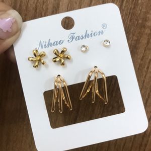 Set Of 3 Gold Stud Earrings For Women