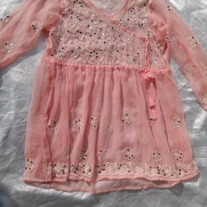 Beutiful Peach Chikankari Mirror Work Kurti/ Tunic