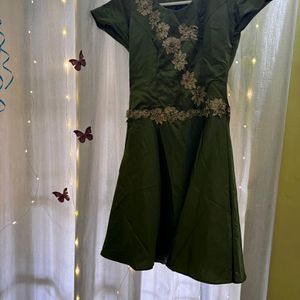 Olive Green Dress With Golden Scallops