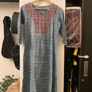 Cotton Indigo Print Embroidered Kurta