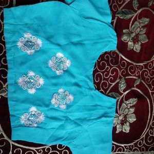 Georgette cyan clr saree 🥻  with blouse