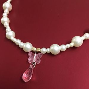 Pearl Bead W Butterfly&Teardrop Pendant Necklace