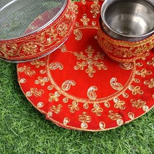 Krwa Chauth Steel Thali, Chalni And Lota