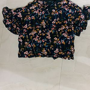 Navy Floral Print Top For Girls