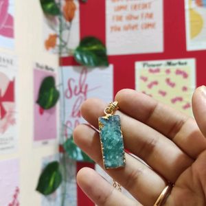 Natural Druzy Bar Gemstone Pendant With Chain