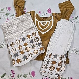 Sand Brown And White Suit Set Pure Cotton