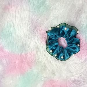 Teal Coloured Velvet Beads Scrunchie 🦋