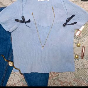 Price Drop 🚨🛑Blue Wide Neck Top With Bow