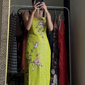 Sequins Yellow  Floral Bandeau Midi Dress