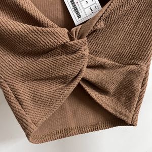 New Brown V Neck Ribbed Top