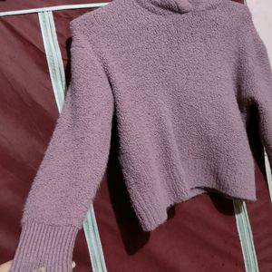 Purple Woolen hooded Crop Hoody