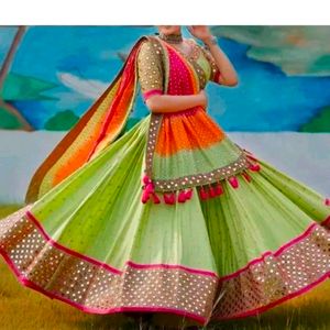 Women Parrot Green Mirror Work Lehenga Choli