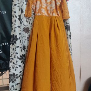 mustard yellow long gown And Nevy Colour Combo