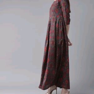 AKS Women Grey & Red Printed Maxi Dress