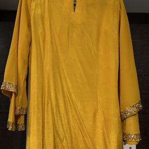 Mustard A-line Top With Black Work On Neck