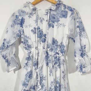 White & Blue Floral Printed Dress(women's)