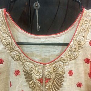 Heavy Embroidered Cream And Red Kurti For Girls