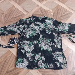 Black Top Flower Printed With Matching Scrunchie