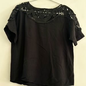 Women Black Solid Top With Lace At Neck