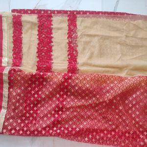 So Beautiful Red And Cream Colour Net Saree