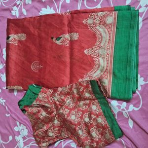 Art Silk Saree With Readymade 42 Size Blouse