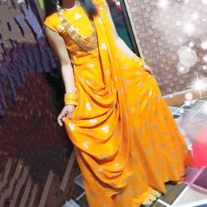 Beautiful Long Dress Yellow Clour Golden Work