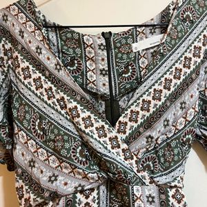 Korean Green Pattern V Neck Dress