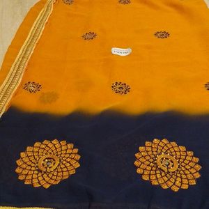 Saree Orange Blue With Blouse Material Neela