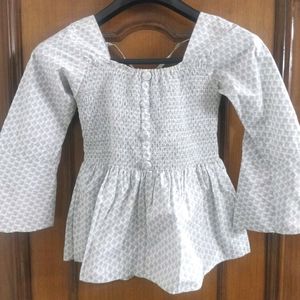 Smocked White Top with Grey Print