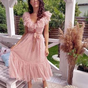 V-Neck Mesh Polka Dot Tulle Backless Pink Ruffle S