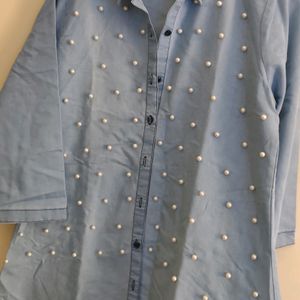 High Low Pattern Denim Pearl Dress