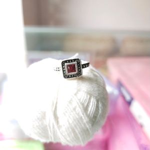 Pure Silver oxidised red stone Finger Ring.