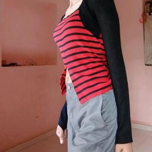 Korean Contrast Sleeve Knitted Top