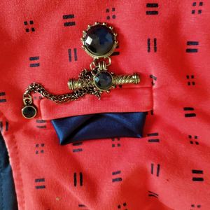 New Red Jacket Navy Blue Kurta Set