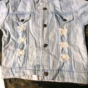 Women Blue Torn Denim Jacket