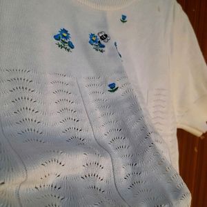 White Crop Top Korean Blue Embroidery