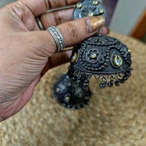 Oversized Antique Look Jhumka With Polki Work