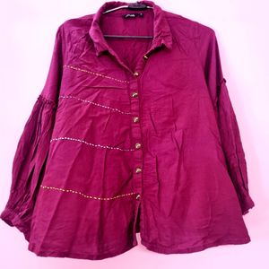 Burgundy Shirt Style Cotton Top